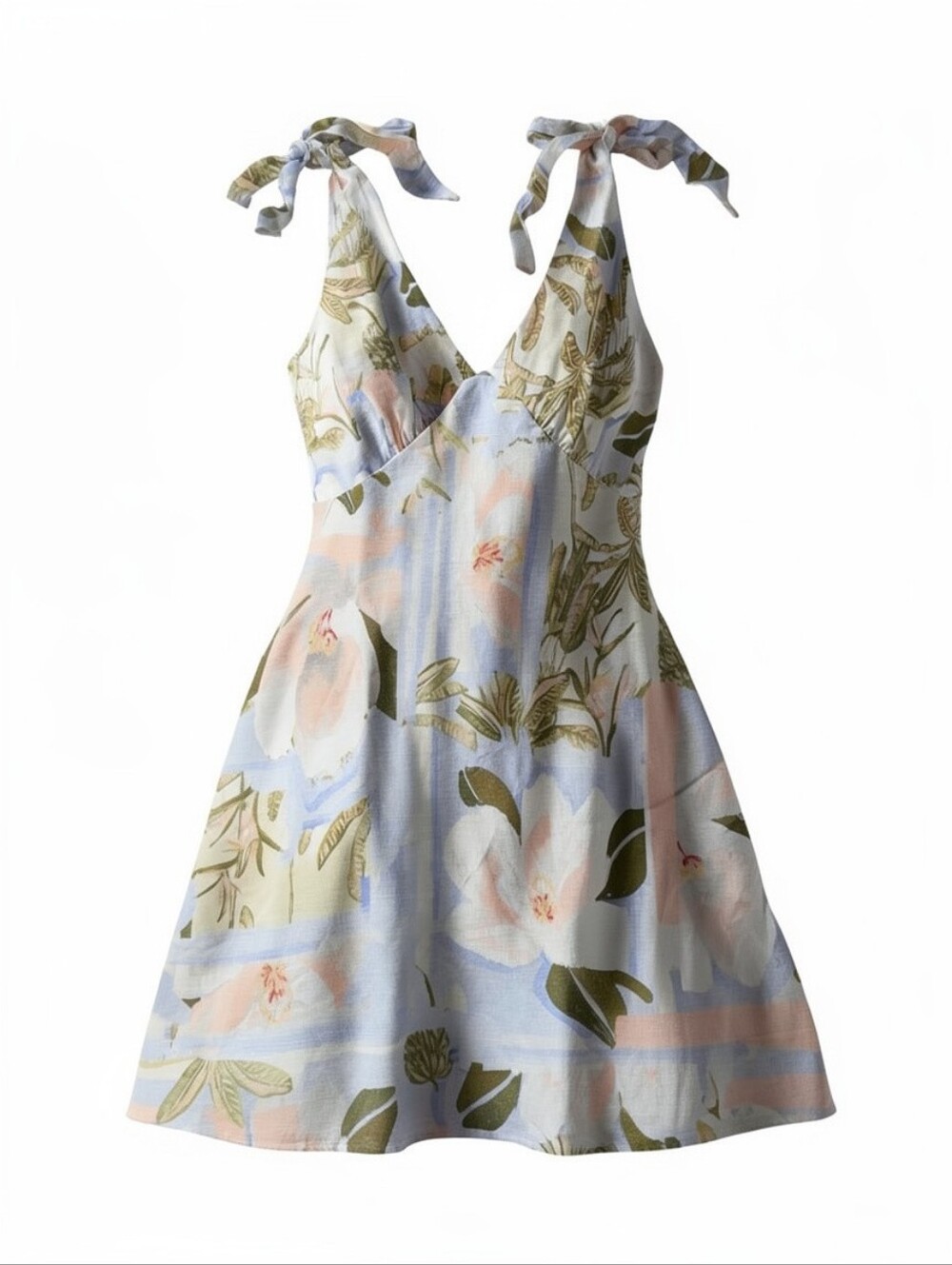 Tie-Shoulder Floral Halter Mini Dress in Pastel Blue and Peach